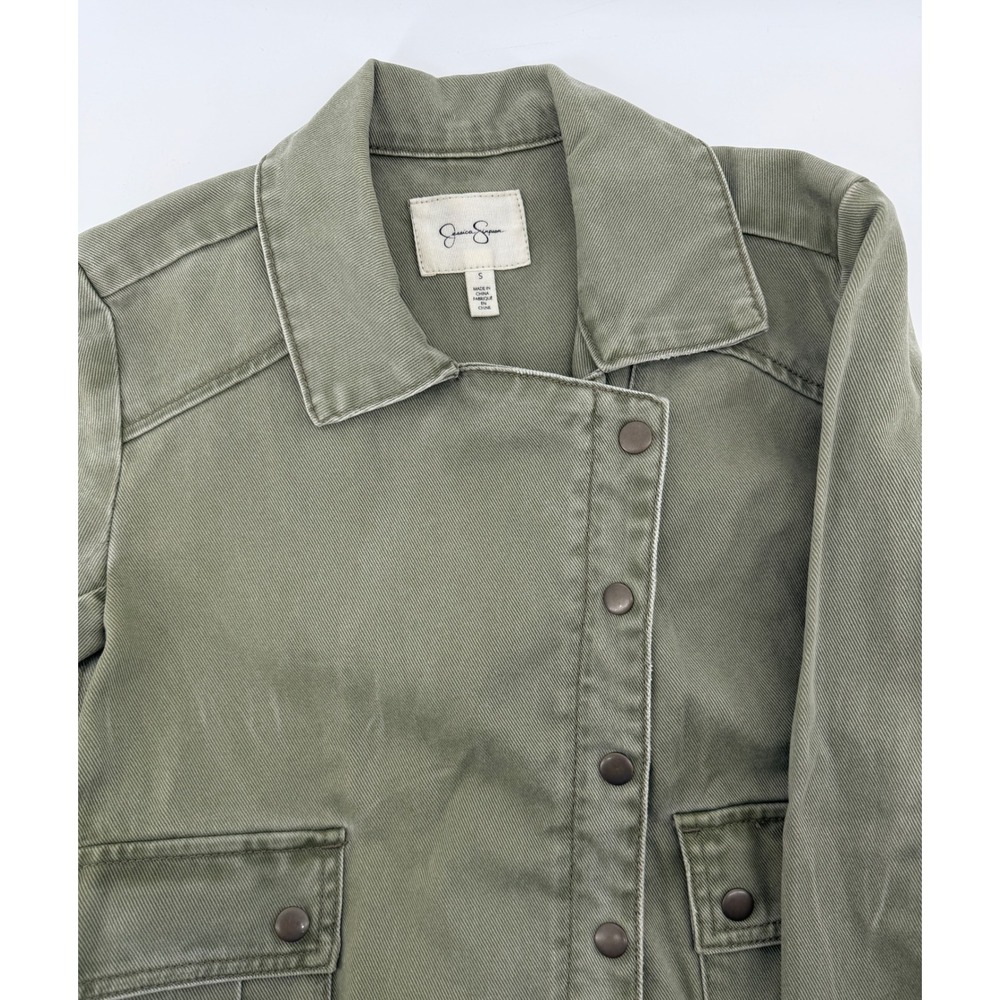 Jessica Simpson Womens Small Olive Green Asymmetrical Snap Front Cotton Jacket
